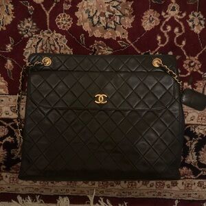 CHANEL Large Black Quilted Vintage Lambskin Tote with 24K Plated Gold Accents